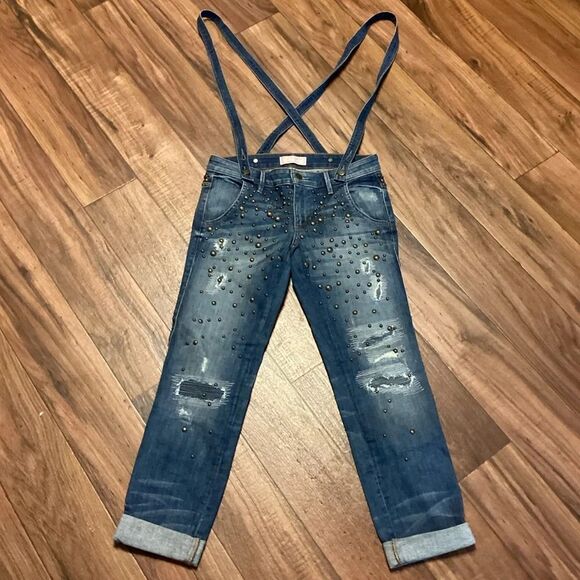 Guess Women’s Y2K Studded Distressed Jeans w Suspenders‎ S23 - Picture 1 of 11
